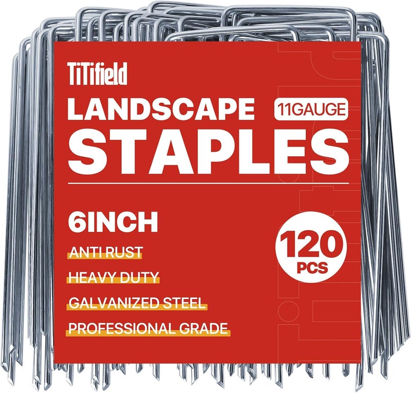TiTifield Landscape Staples 6 Inch 120 Pack 11 Gauge Galvanized Landscaping Fabric Pins Anti-Rust SOD Staples Ground Stakes for Securing Rrigation Tubing, Fence, Weed Barrier, Ground Cover - Image 1